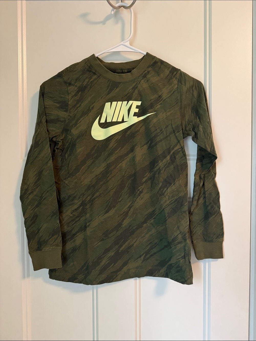 Nike Kids Olive Green Camo Long Sleeve Tee with Neon Logo